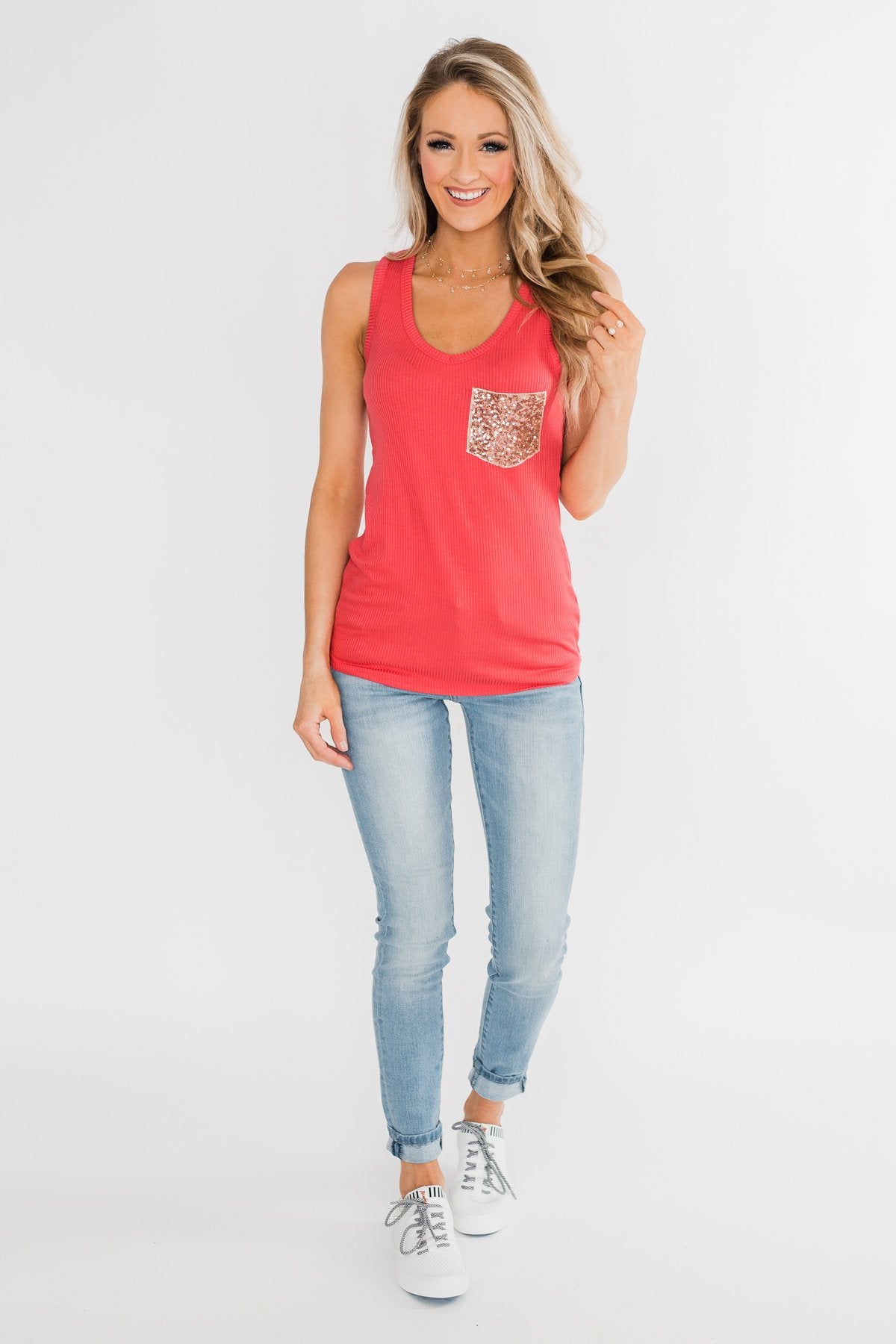 Hello Gorgeous Sequin Pocket Top- Dark Coral