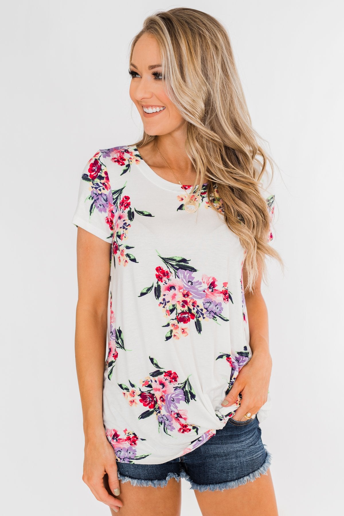 Take Your Time Floral Knot Top- White