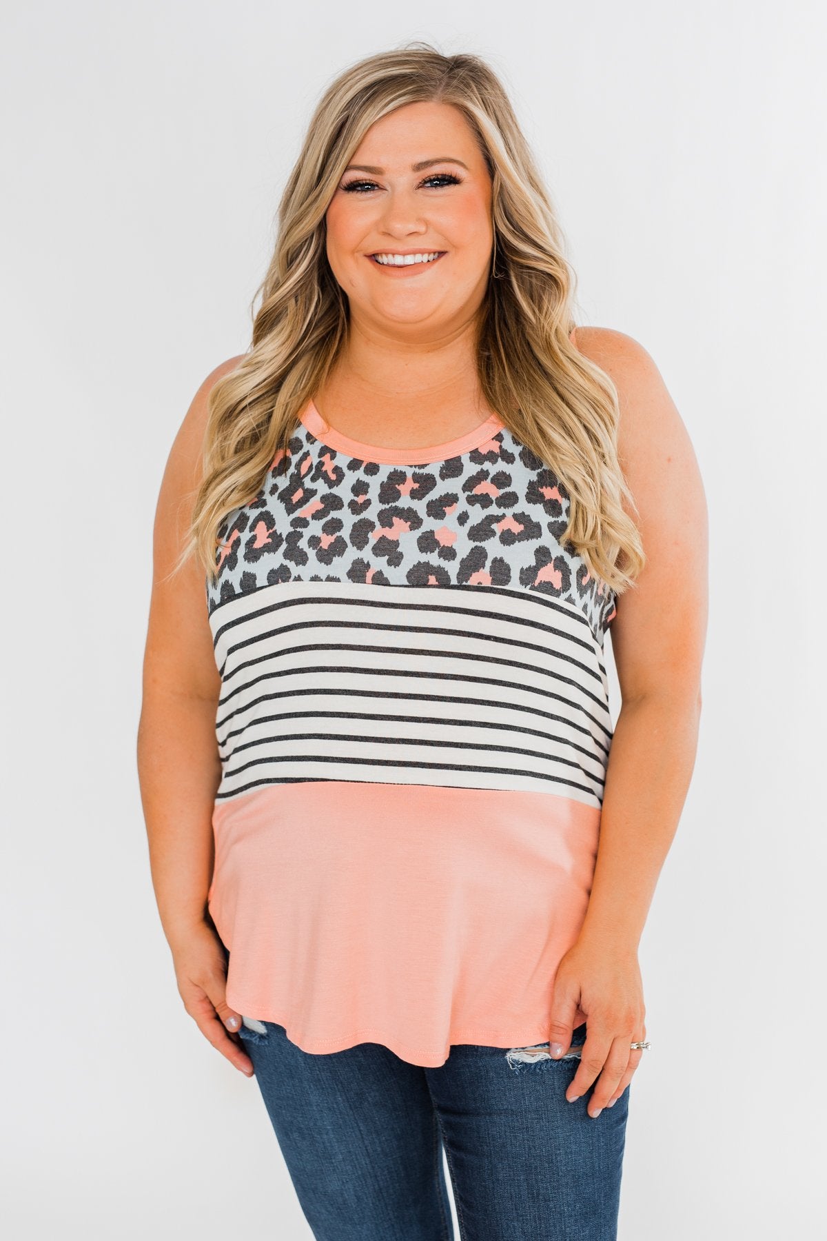Leopard & Stripes Color Block Tank Top- Peach