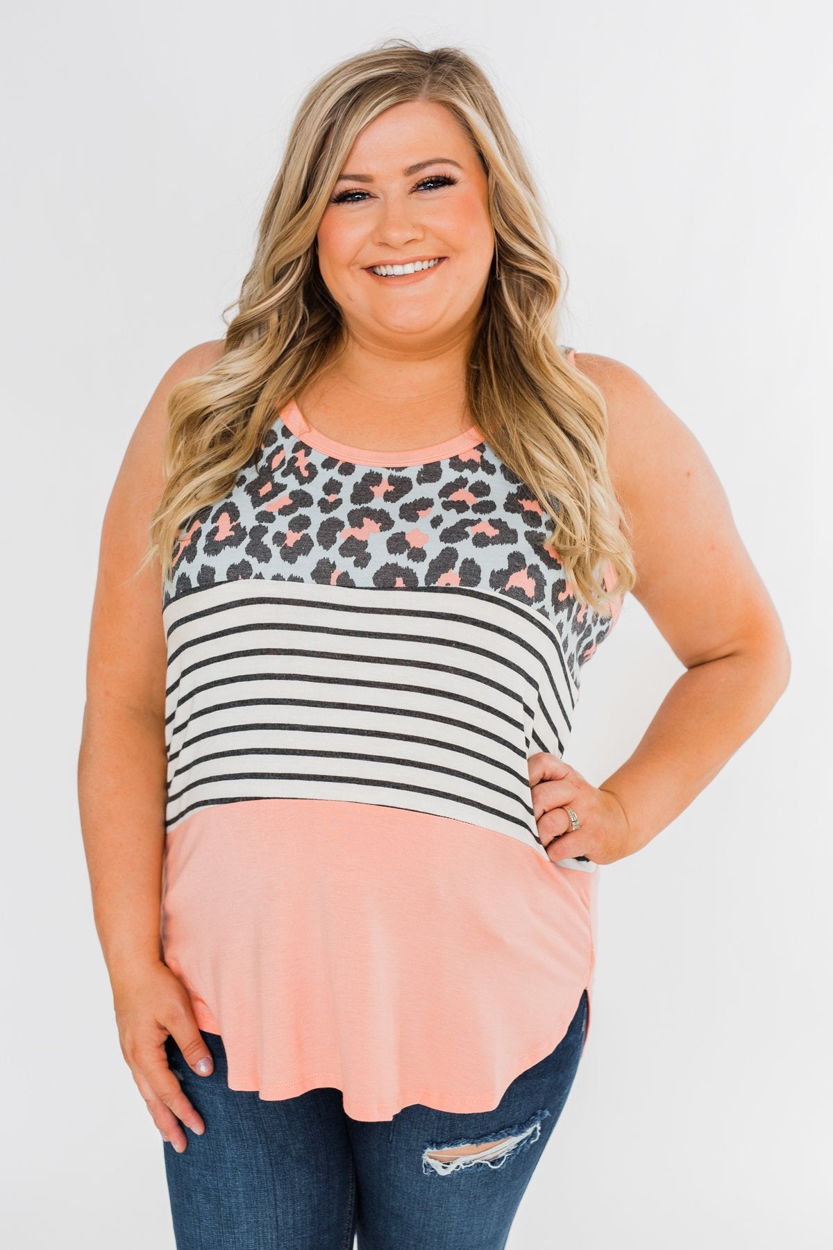 Leopard & Stripes Color Block Tank Top- Peach
