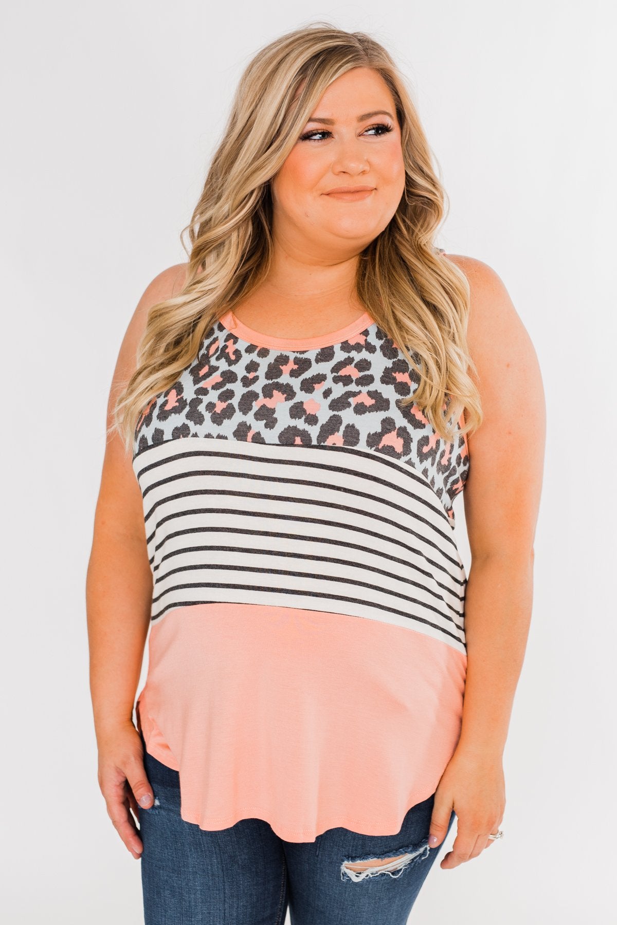 Leopard & Stripes Color Block Tank Top- Peach