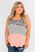 Leopard & Stripes Color Block Tank Top- Peach