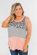Leopard & Stripes Color Block Tank Top- Peach