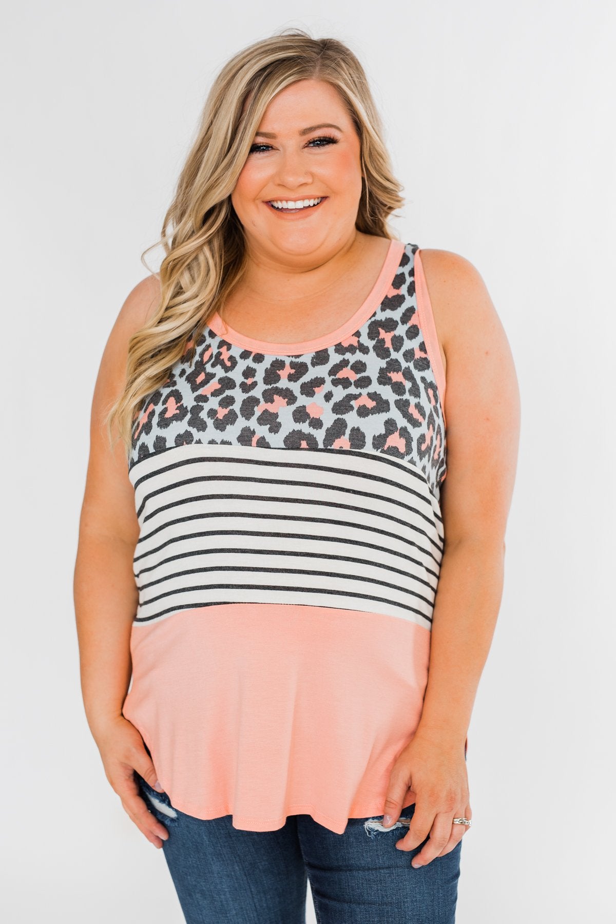 Leopard & Stripes Color Block Tank Top- Peach