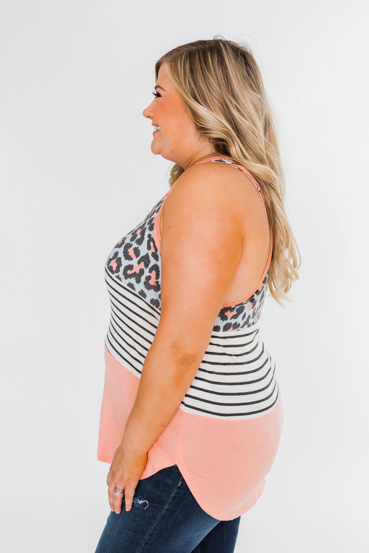 Leopard & Stripes Color Block Tank Top- Peach