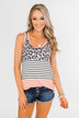 Leopard & Stripes Color Block Tank Top- Peach