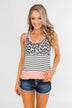 Leopard & Stripes Color Block Tank Top- Peach