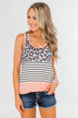Leopard & Stripes Color Block Tank Top- Peach