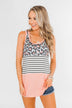 Leopard & Stripes Color Block Tank Top- Peach