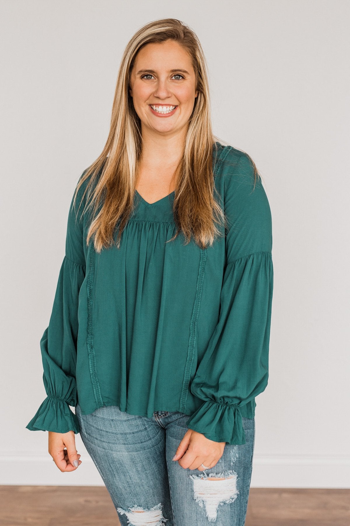 Thoughtful Moments V-Neck Blouse- Dark Teal