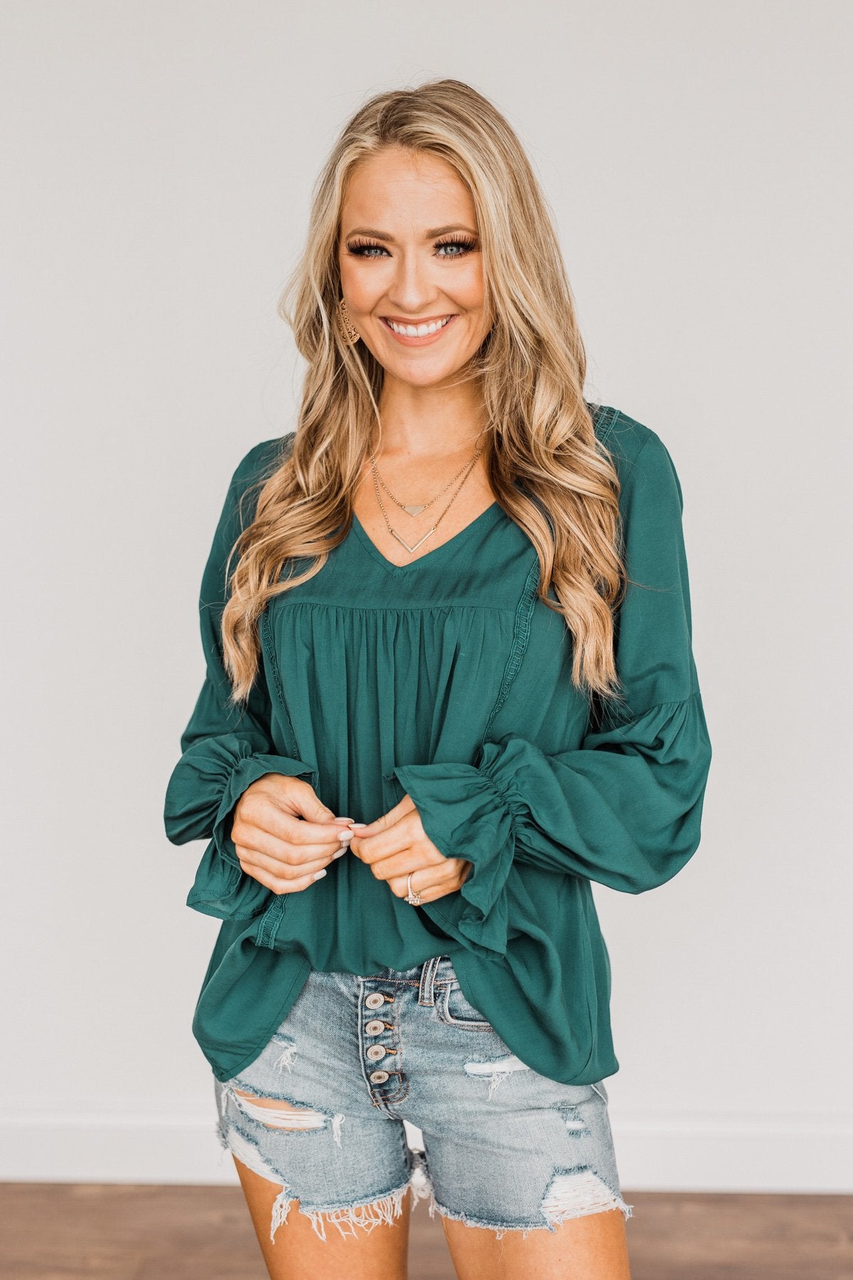 Thoughtful Moments V-Neck Blouse- Dark Teal