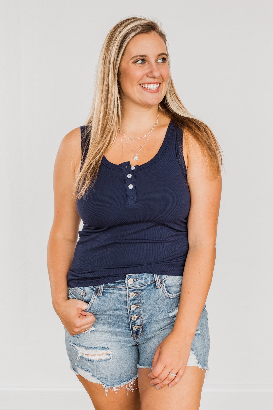 Uplifting Spirits Button Henley Tank Top- Navy