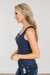 Uplifting Spirits Button Henley Tank Top- Navy