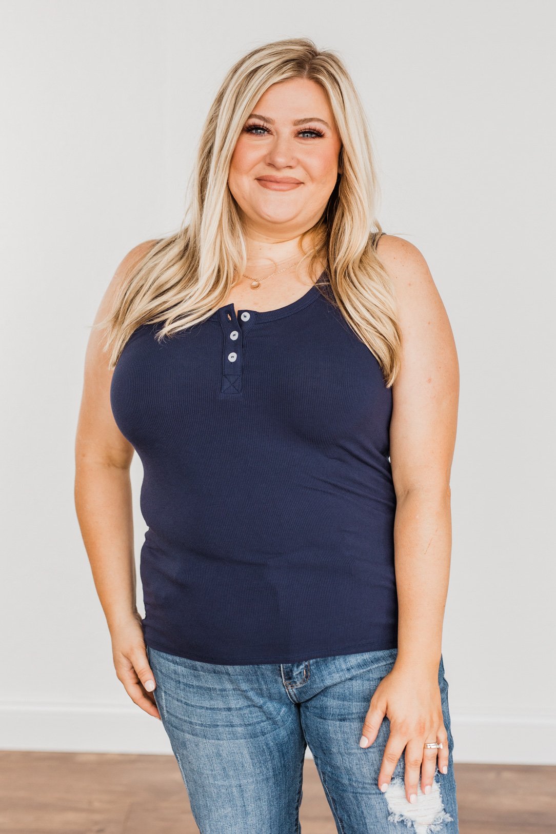 Uplifting Spirits Button Henley Tank Top- Navy