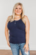 Uplifting Spirits Button Henley Tank Top- Navy