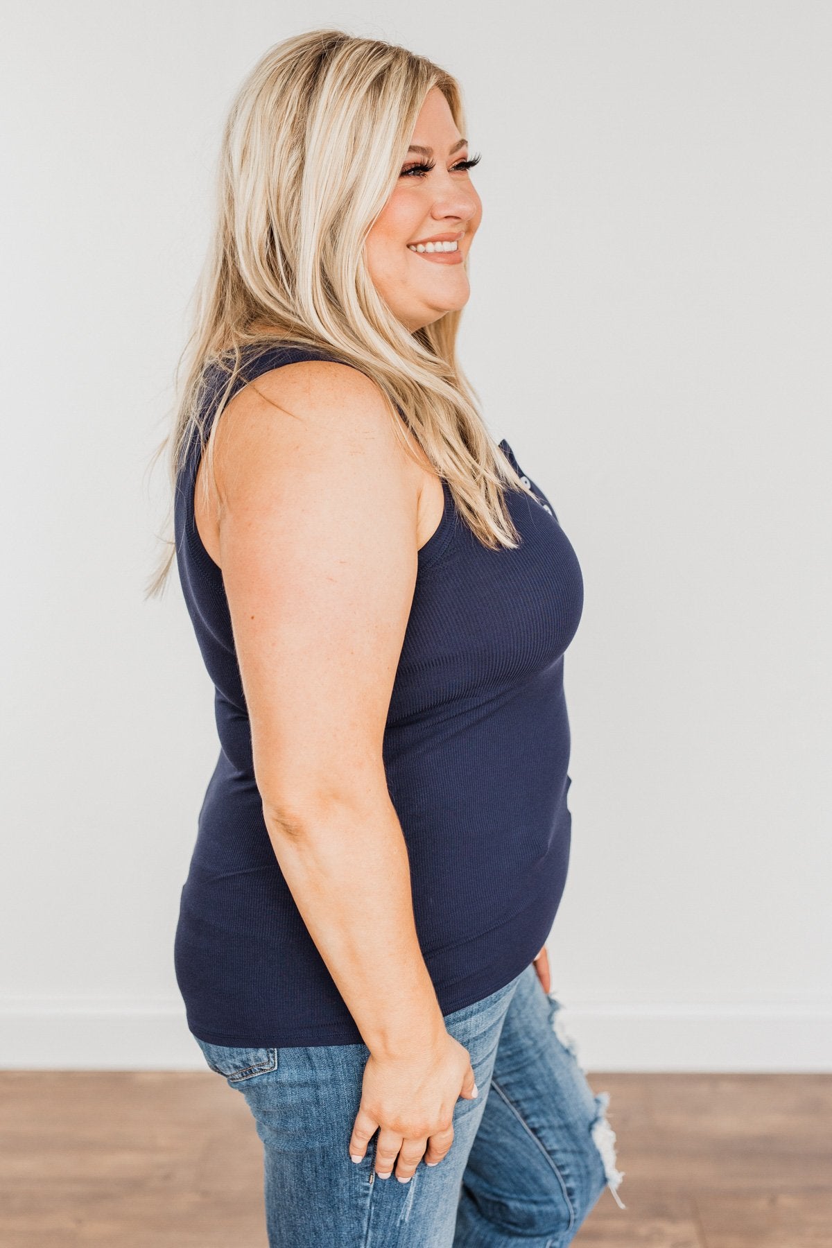 Uplifting Spirits Button Henley Tank Top- Navy