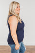 Uplifting Spirits Button Henley Tank Top- Navy