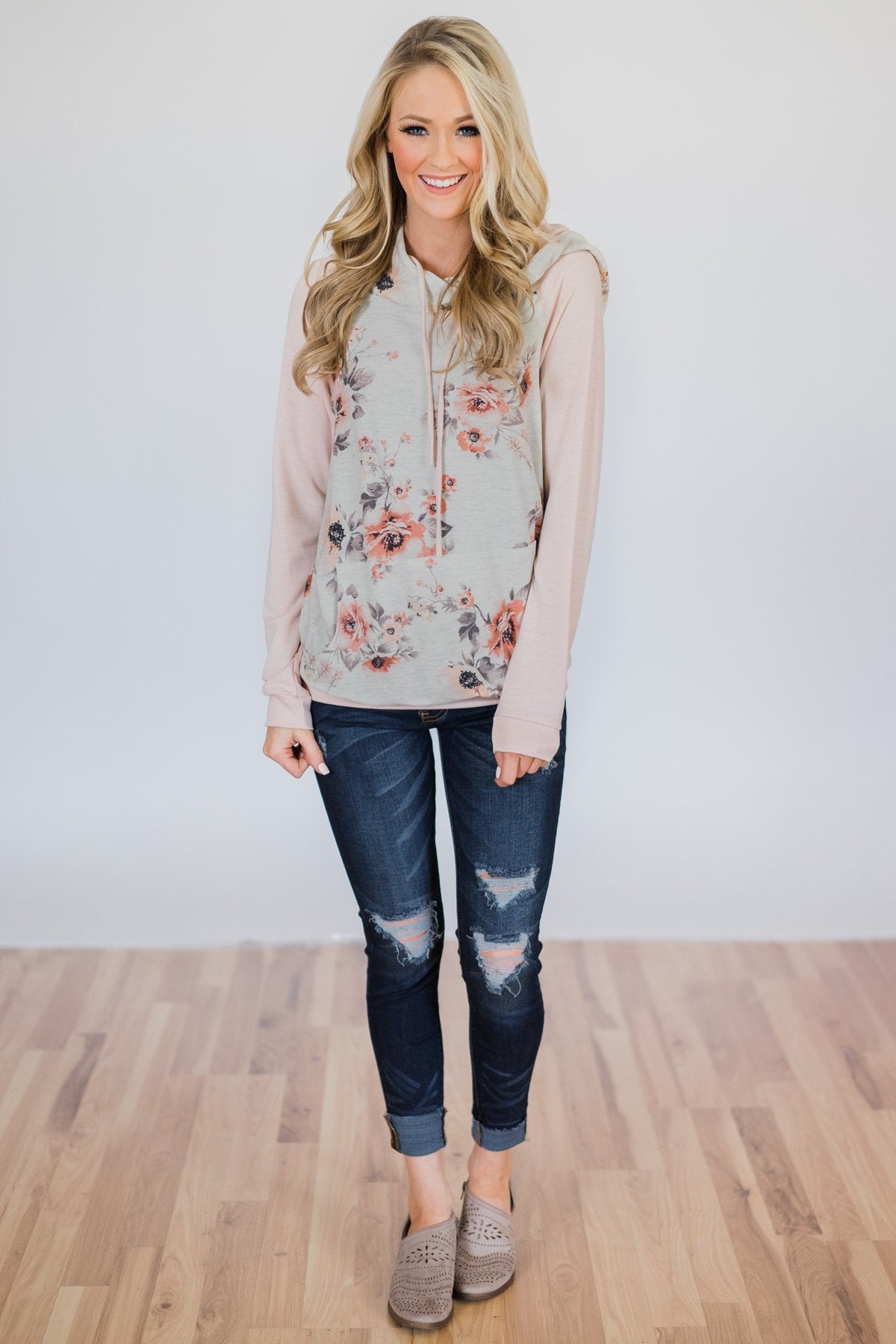 Dusty Coral Hoodie- Blush & Cream