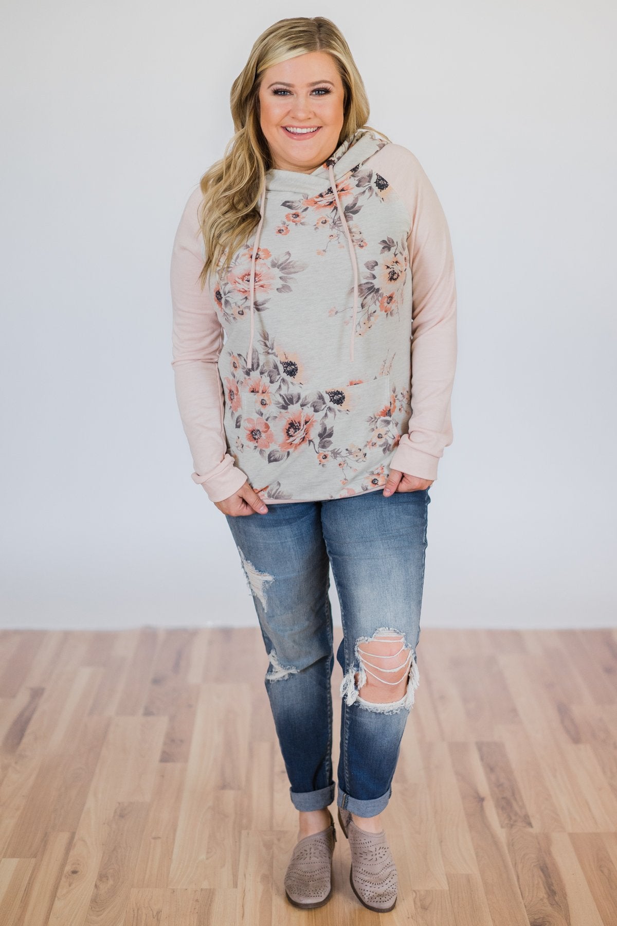 Dusty Coral Hoodie- Blush & Cream
