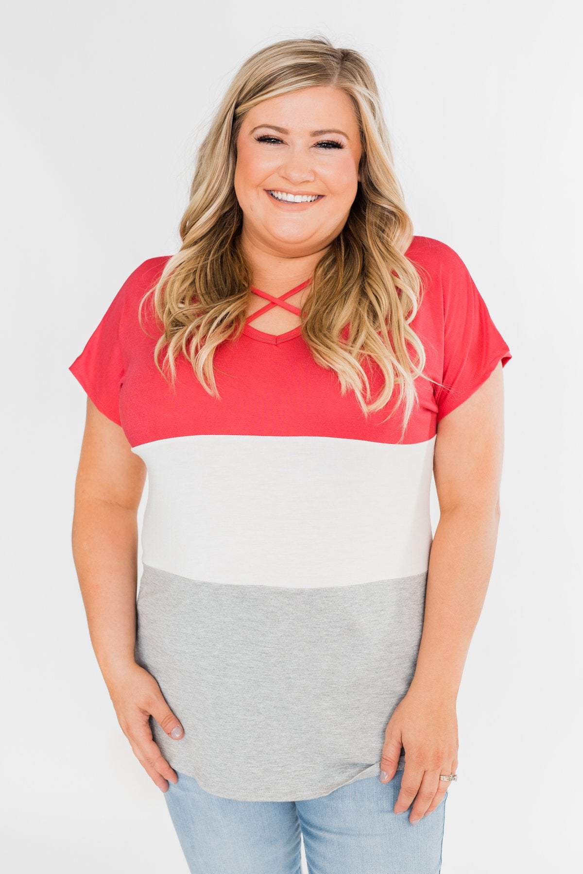 Right Here Criss Cross Color Block Top- Deep Coral