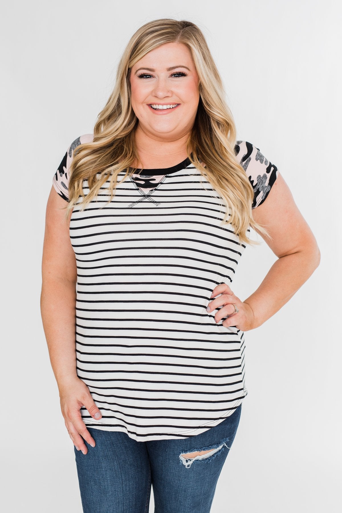 Short Sleeve Camo & Stripes Top- Pink Camo & Ivory