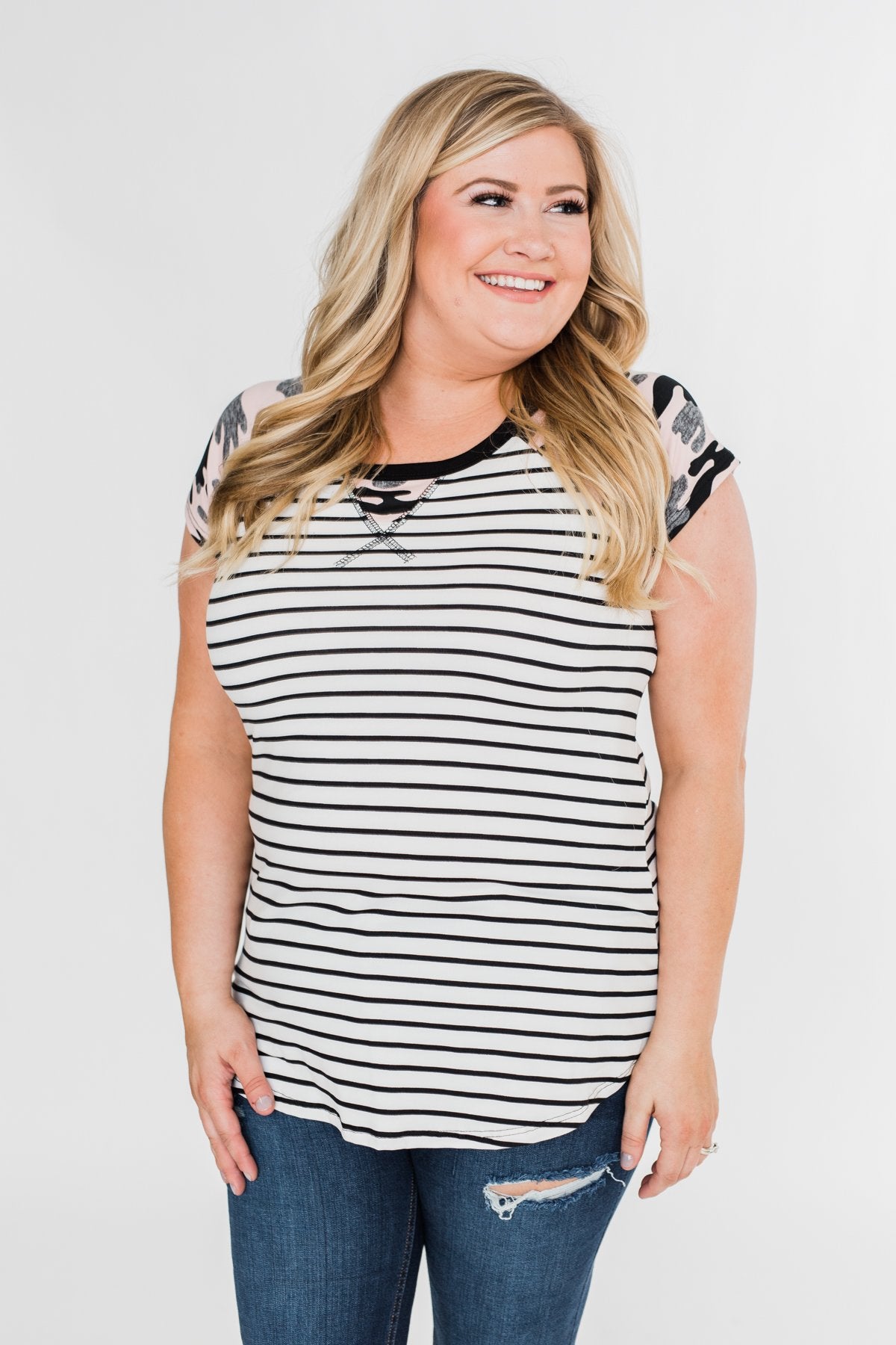 Short Sleeve Camo & Stripes Top- Pink Camo & Ivory