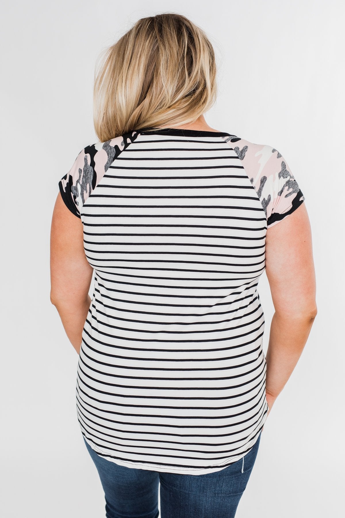 Short Sleeve Camo & Stripes Top- Pink Camo & Ivory
