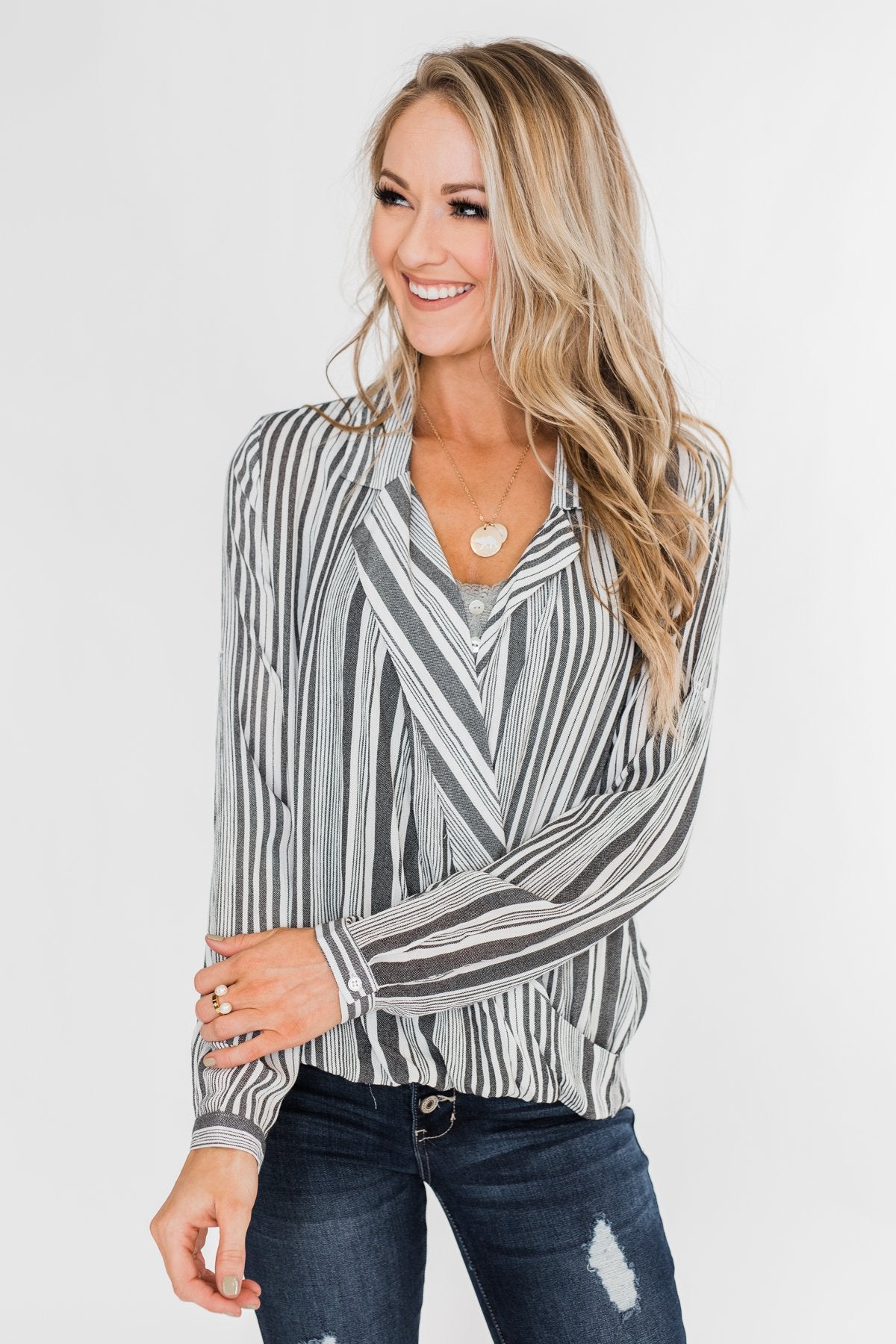 When You're Around Long Sleeve Striped Top- Charcoal & Ivory