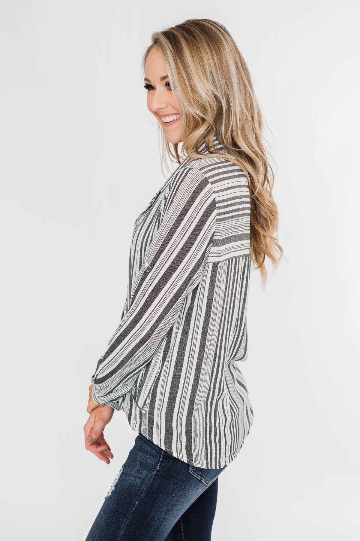 When You're Around Long Sleeve Striped Top- Charcoal & Ivory