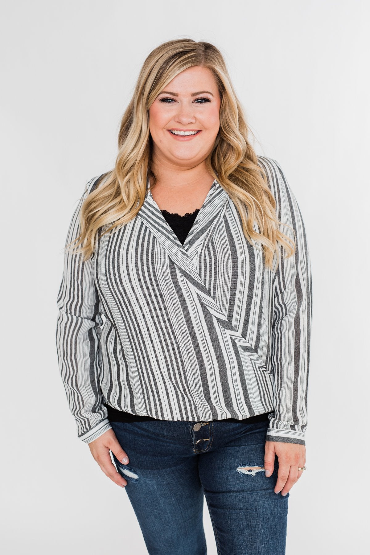 When You're Around Long Sleeve Striped Top- Charcoal & Ivory