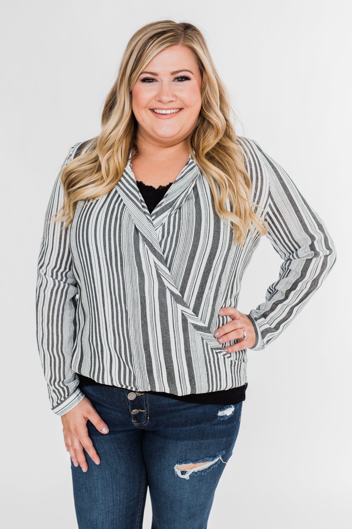 When You're Around Long Sleeve Striped Top- Charcoal & Ivory