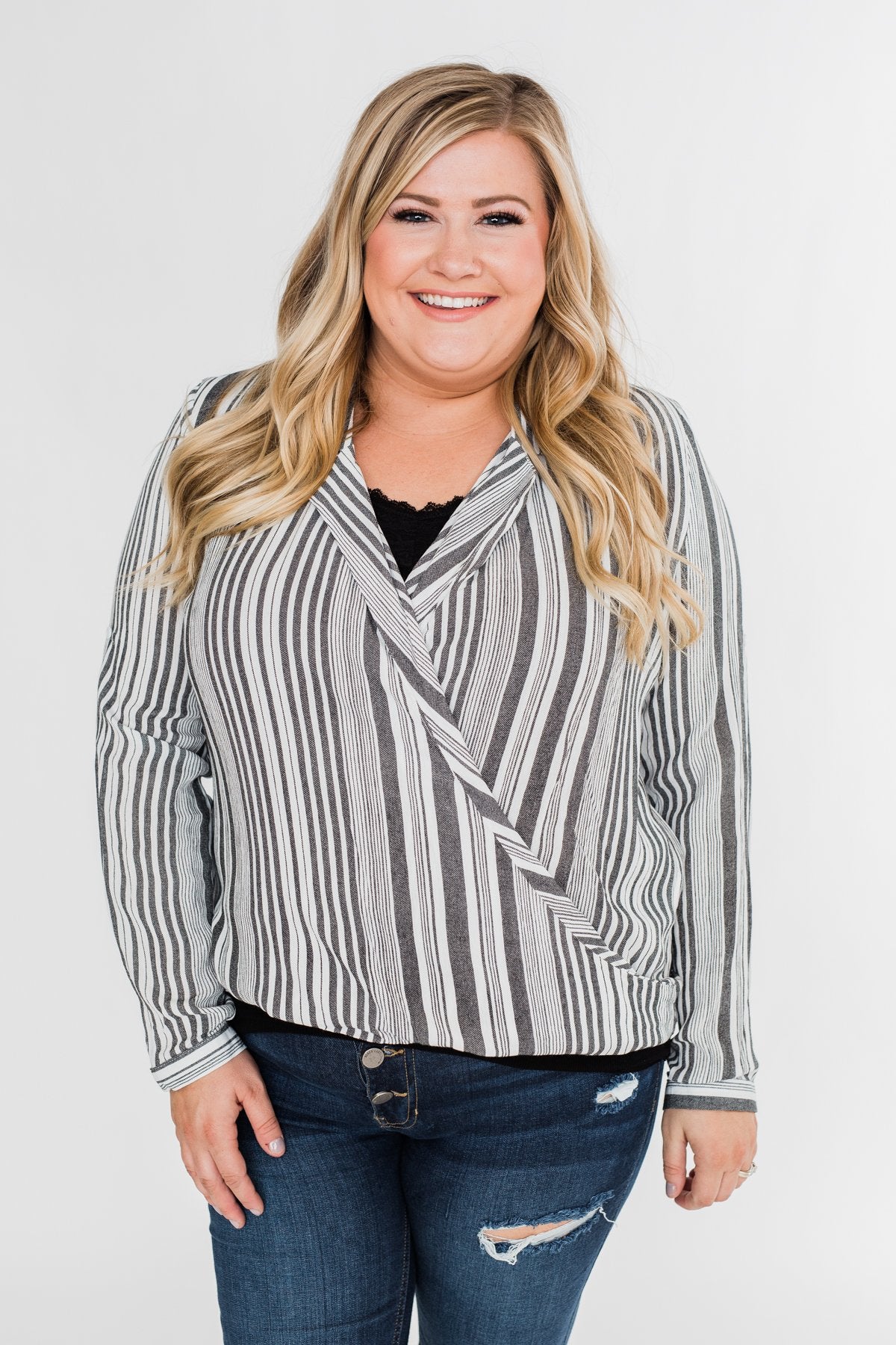 When You're Around Long Sleeve Striped Top- Charcoal & Ivory