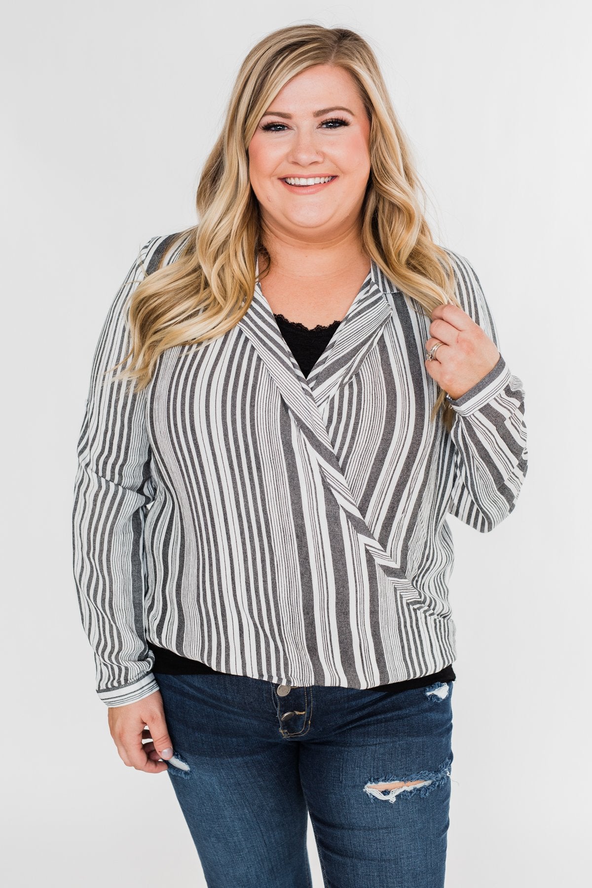 When You're Around Long Sleeve Striped Top- Charcoal & Ivory