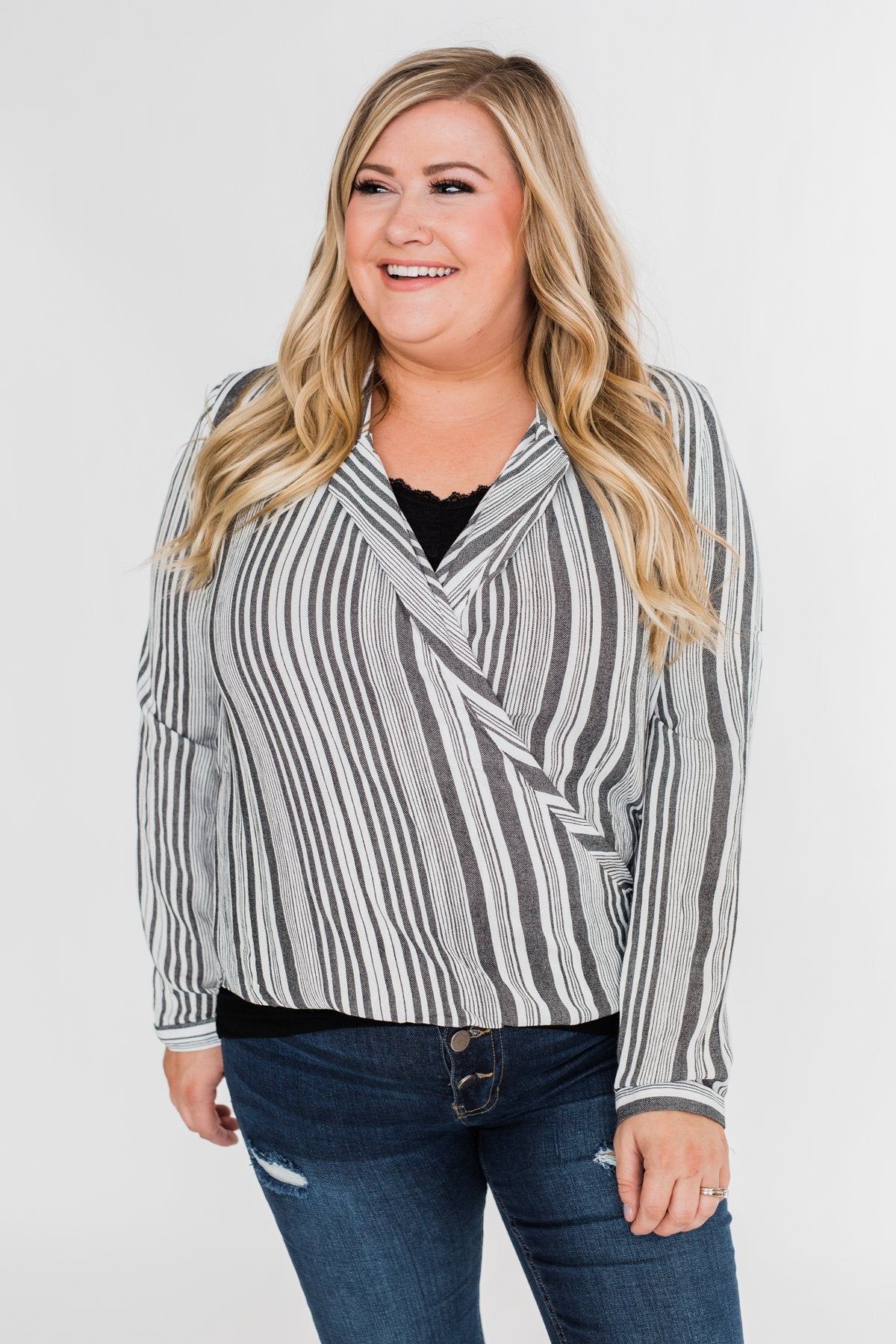 When You're Around Long Sleeve Striped Top- Charcoal & Ivory