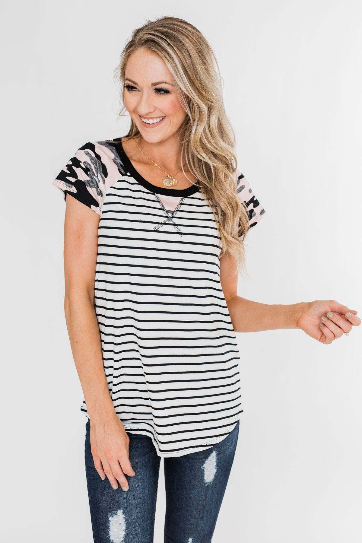 Short Sleeve Camo & Stripes Top- Pink Camo & Ivory