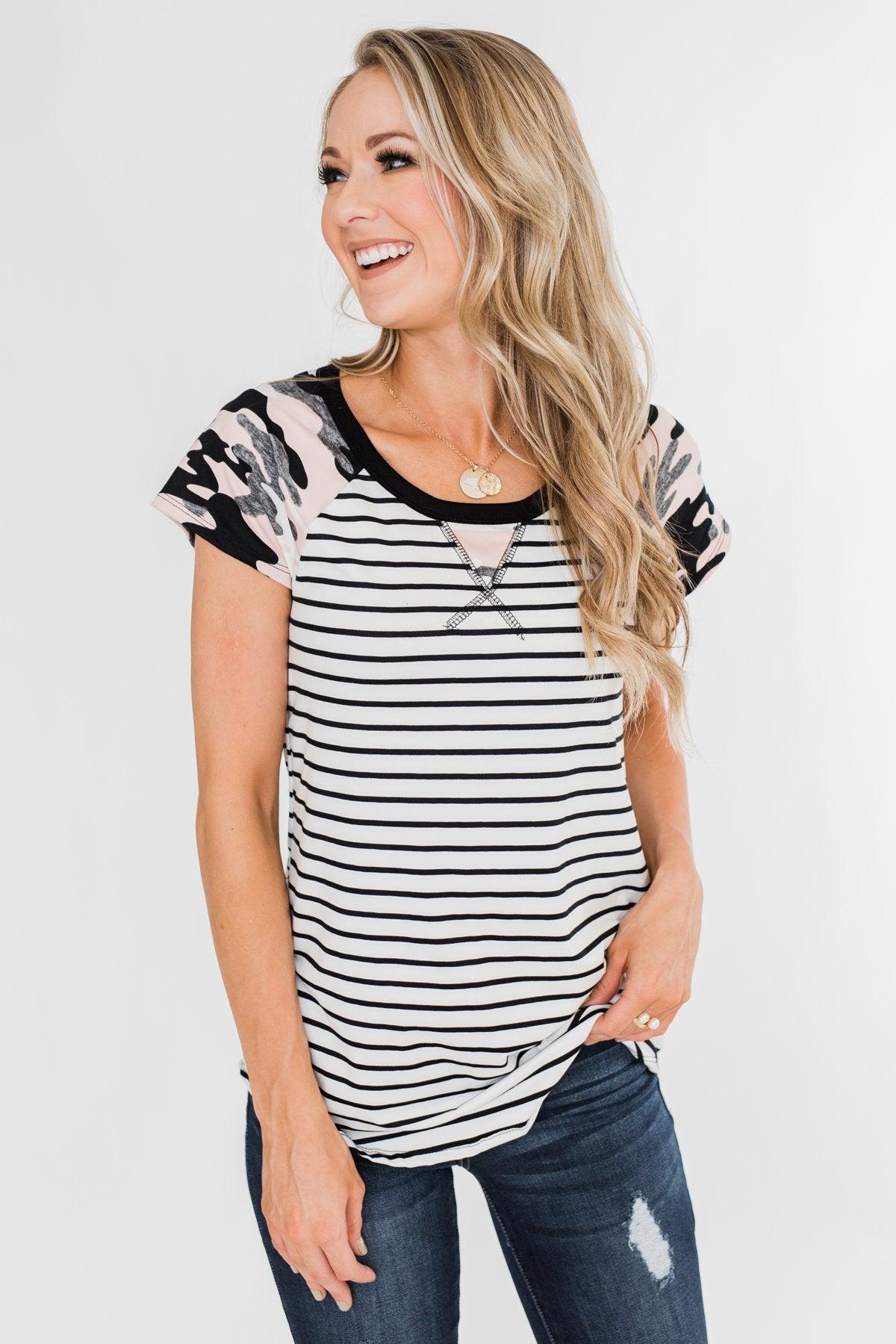 Short Sleeve Camo & Stripes Top- Pink Camo & Ivory