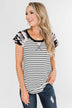 Short Sleeve Camo & Stripes Top- Pink Camo & Ivory
