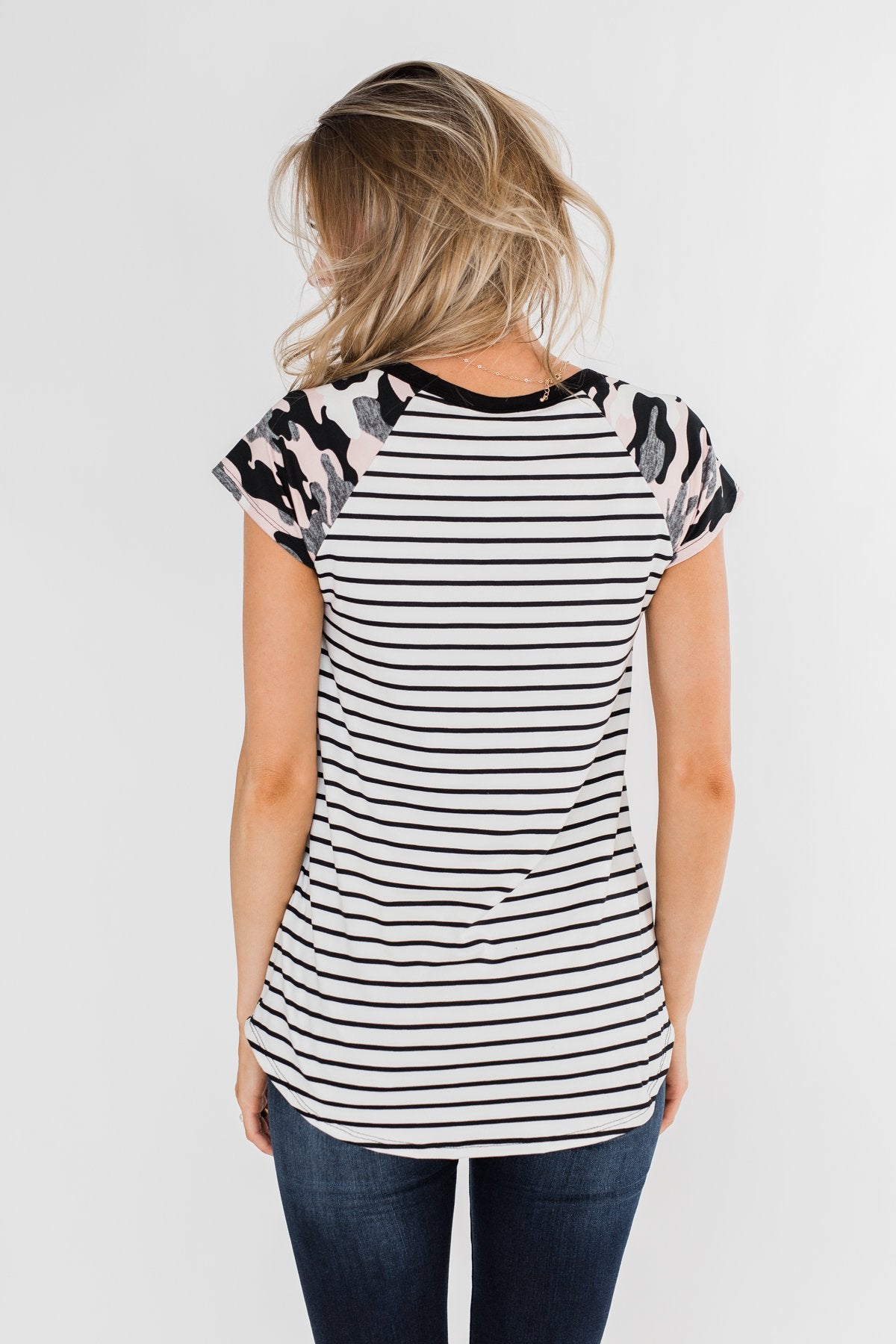 Short Sleeve Camo & Stripes Top- Pink Camo & Ivory