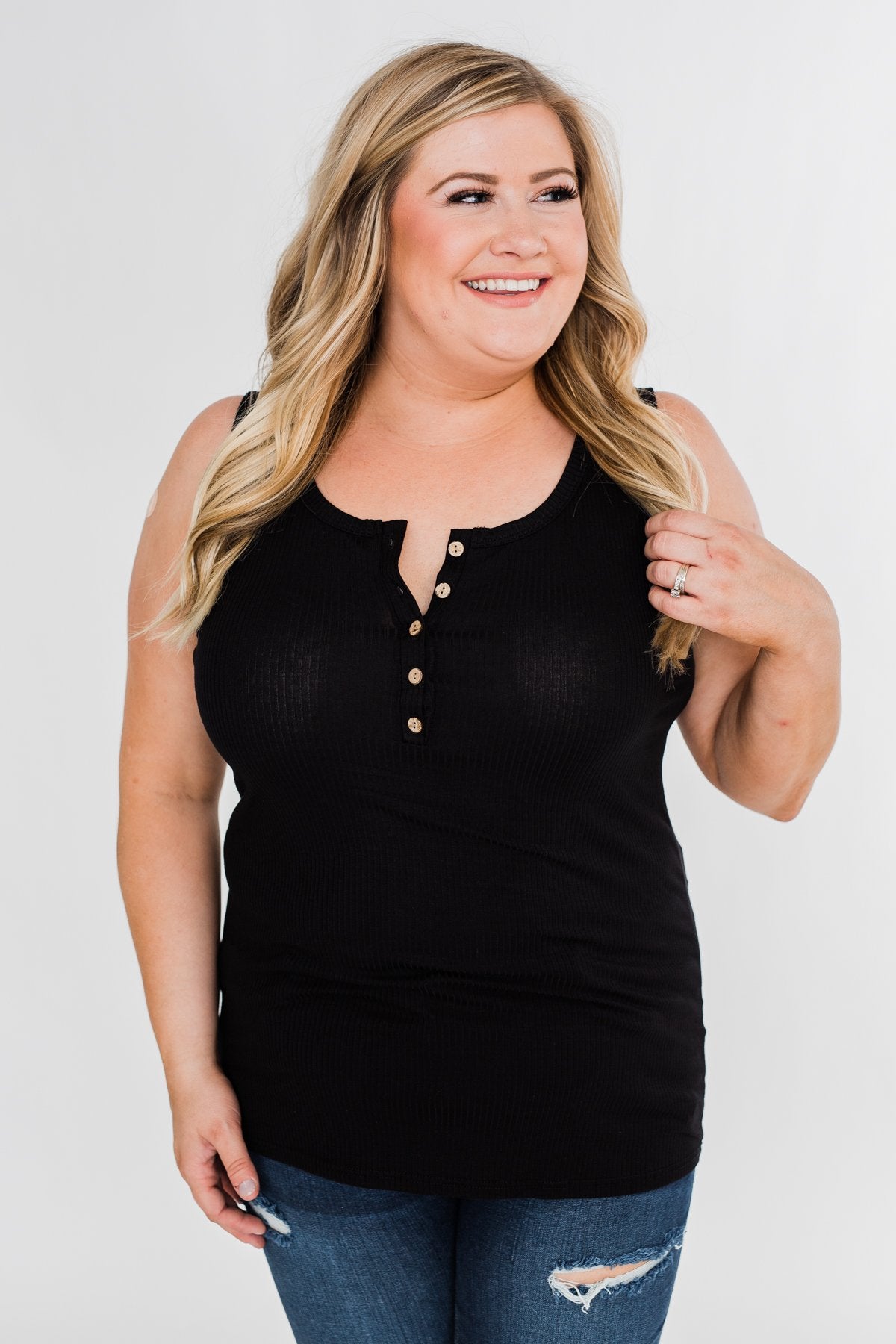 5-Button Henley Tank Top- Black