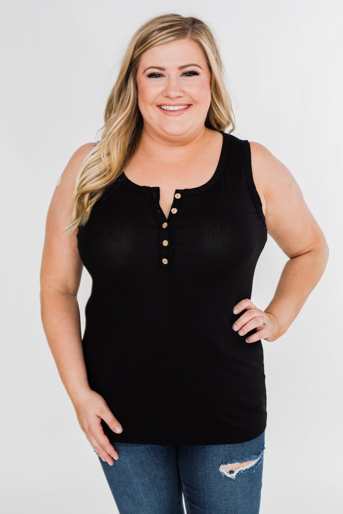 5-Button Henley Tank Top- Black