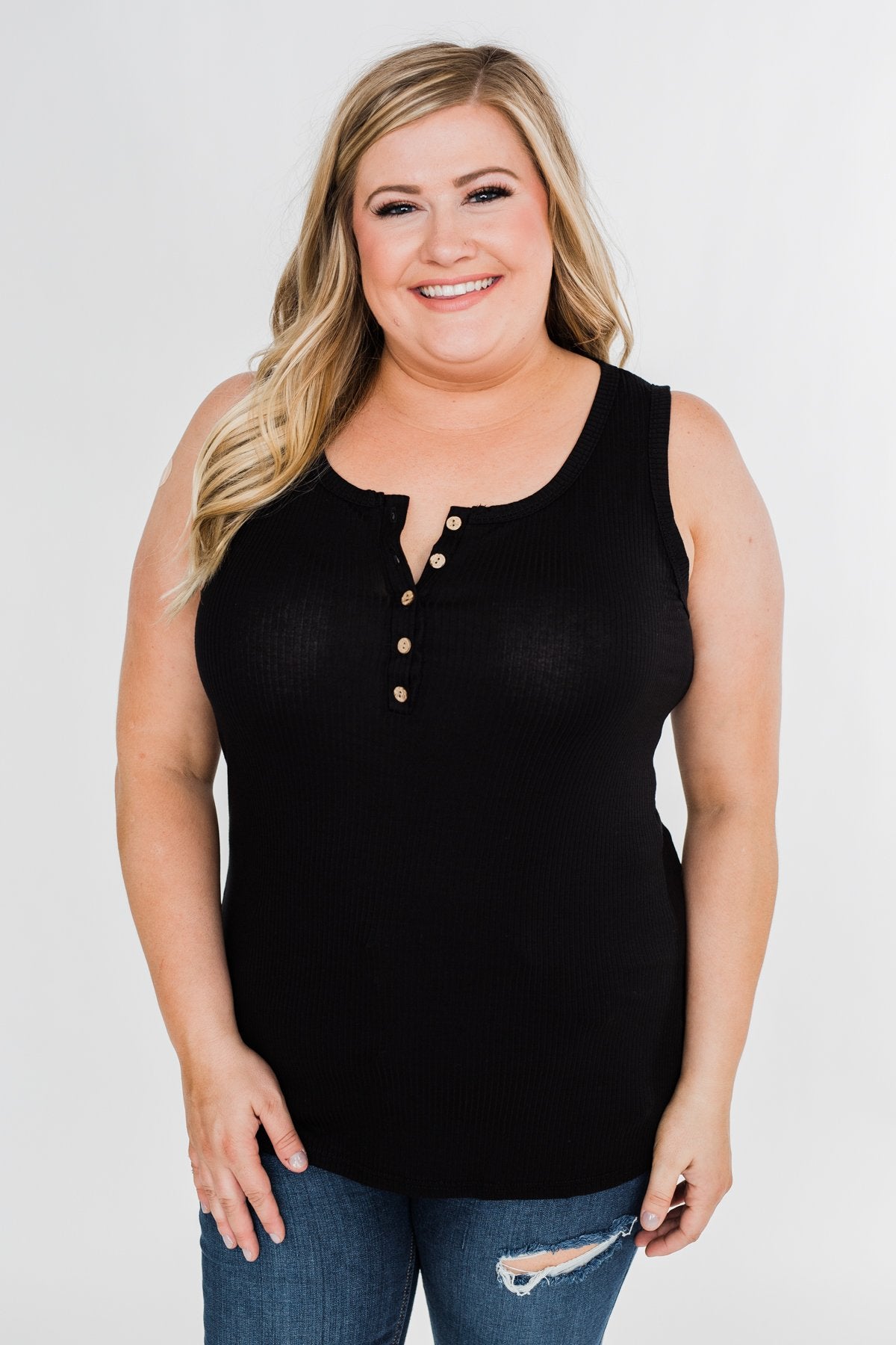 5-Button Henley Tank Top- Black