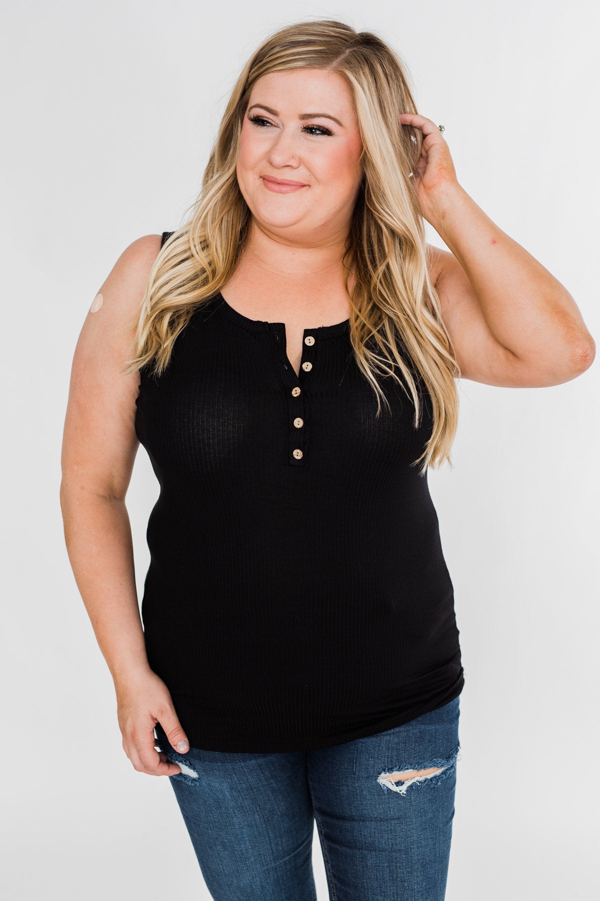 5-Button Henley Tank Top- Black