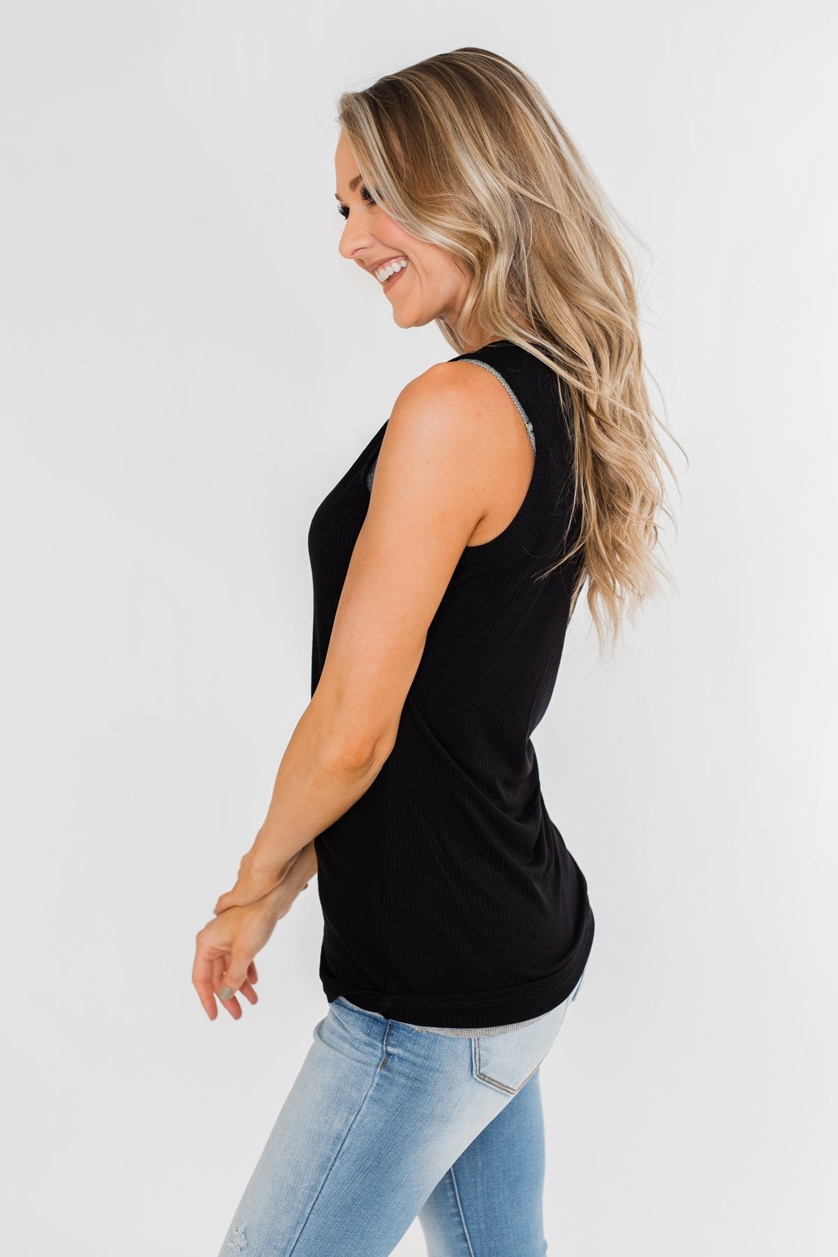 5-Button Henley Tank Top- Black