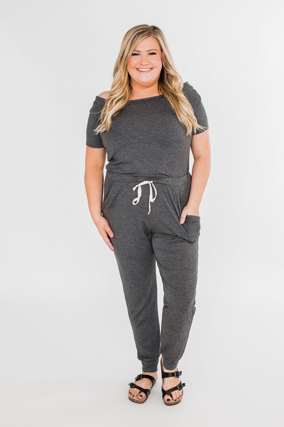 Living My Life Drawstring Jogger Jumpsuit- Charcoal