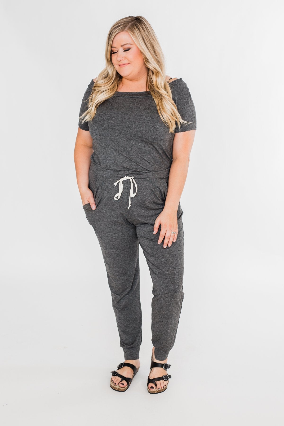 Living My Life Drawstring Jogger Jumpsuit- Charcoal
