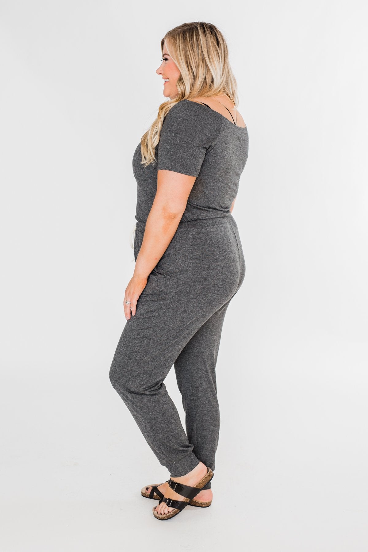 Living My Life Drawstring Jogger Jumpsuit- Charcoal