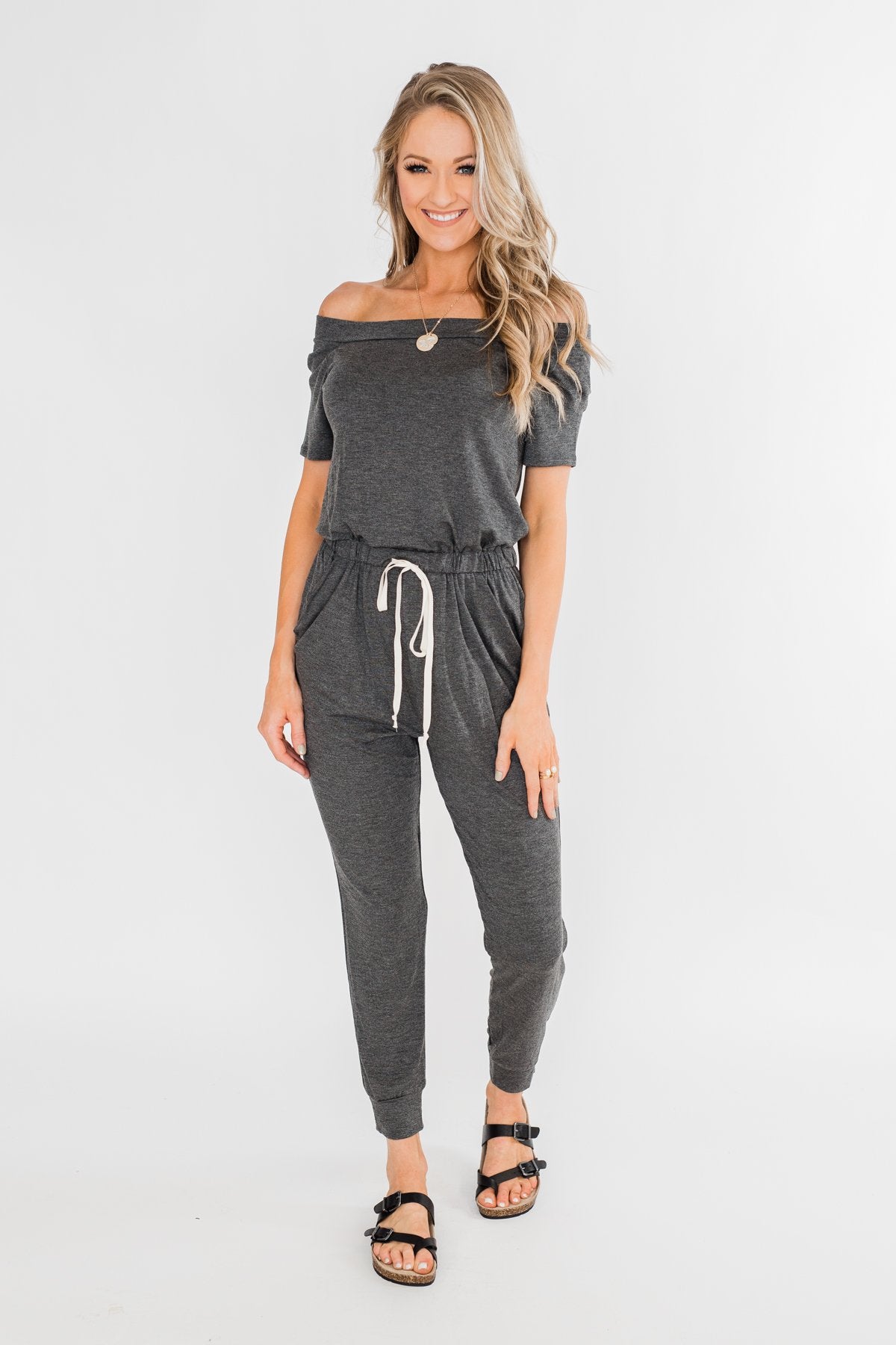 Living My Life Drawstring Jogger Jumpsuit- Charcoal