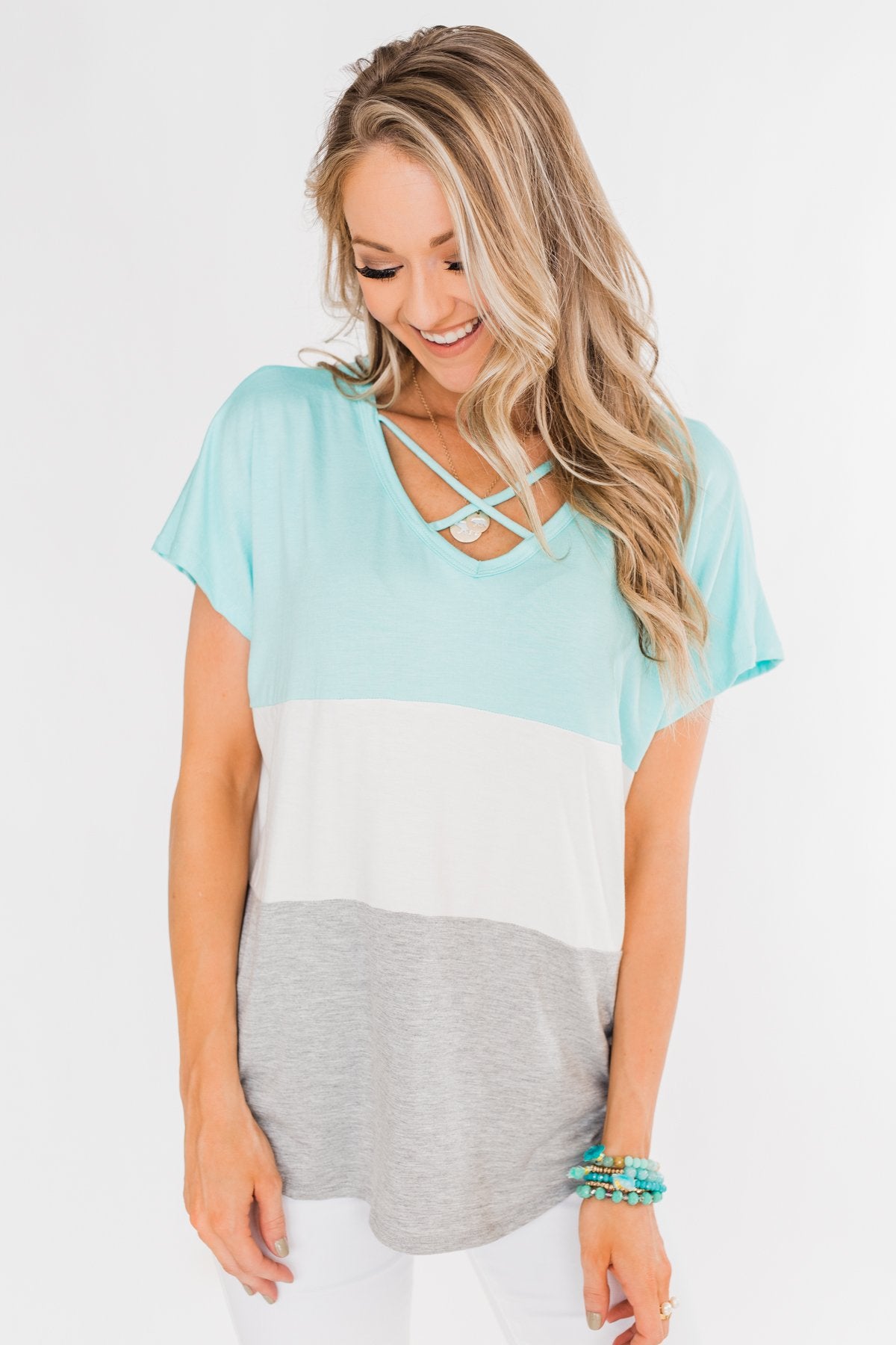 Right Here Criss Cross Color Block Top- Aqua