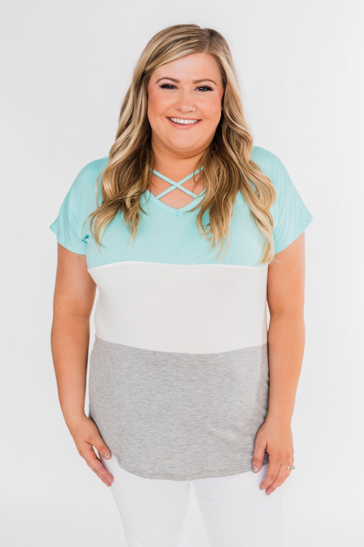 Right Here Criss Cross Color Block Top- Aqua