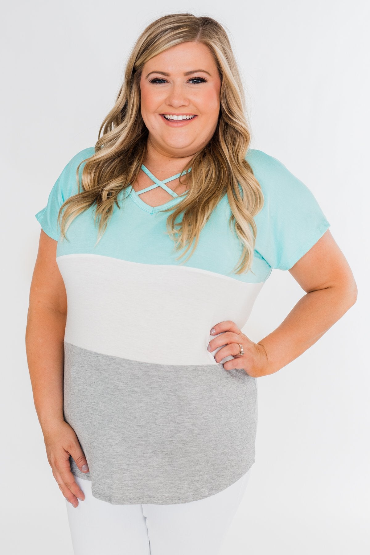 Right Here Criss Cross Color Block Top- Aqua